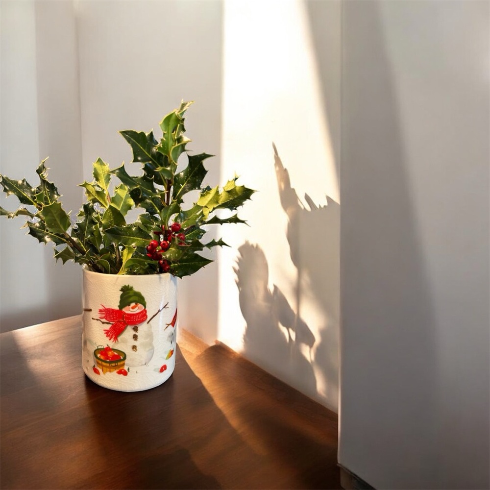 Hallmark Christmas Snowman Crock, Jan Karon Ceramic Candle Holder 5”